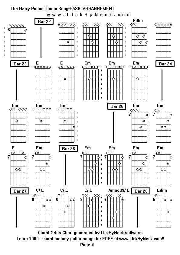 Chord Grids Chart of chord melody fingerstyle guitar song-The Harry Potter Theme Song-BASIC ARRANGEMENT,generated by LickByNeck software.